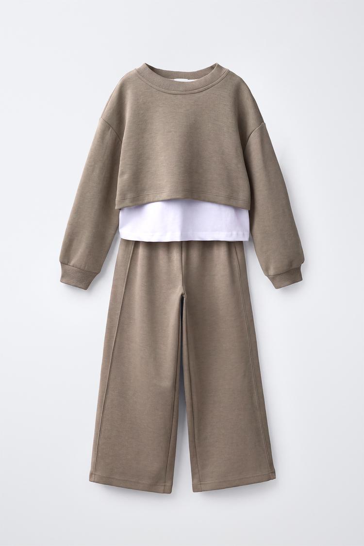 Conjunto interlock sudadera doble y pantalon wide leg