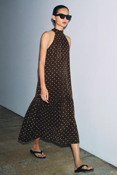 Zara ZW COLLECTION HALTER POLKA DOT DRESS - Brown / Ecru