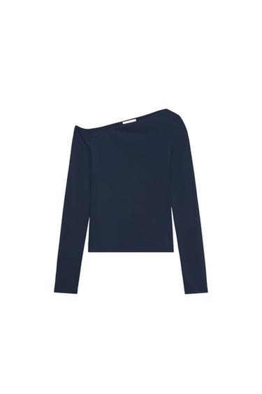 Zara ASYMMETRIC POLYAMIDE T-SHIRT - Navy blue