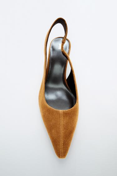 حذاء بكعب مفتوح من الجلد المقلوب - بني الخاص بـ Zara