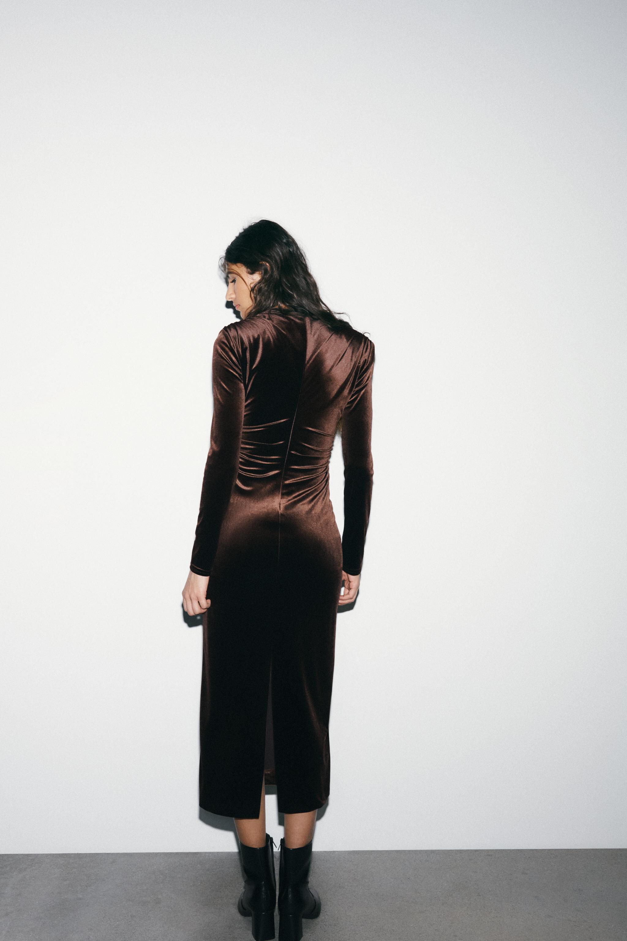 DRAPED VELVET MIDI DRESS - Dark brown | ZARA UAE - Dubai/Sharjah