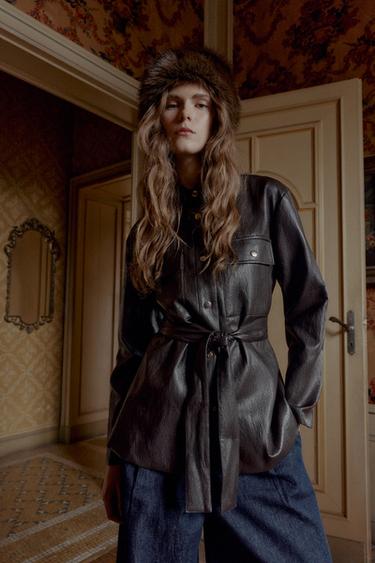 Zara FAUX LEATHER LONG BELTED JACKET - Brown