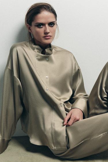 Zara DOUBLE-BREASTED SATIN EFFECT SHIRT - taupe brown