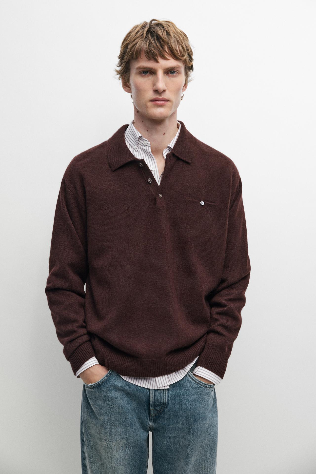 Knit pocket detail polo sweater — Burgundy