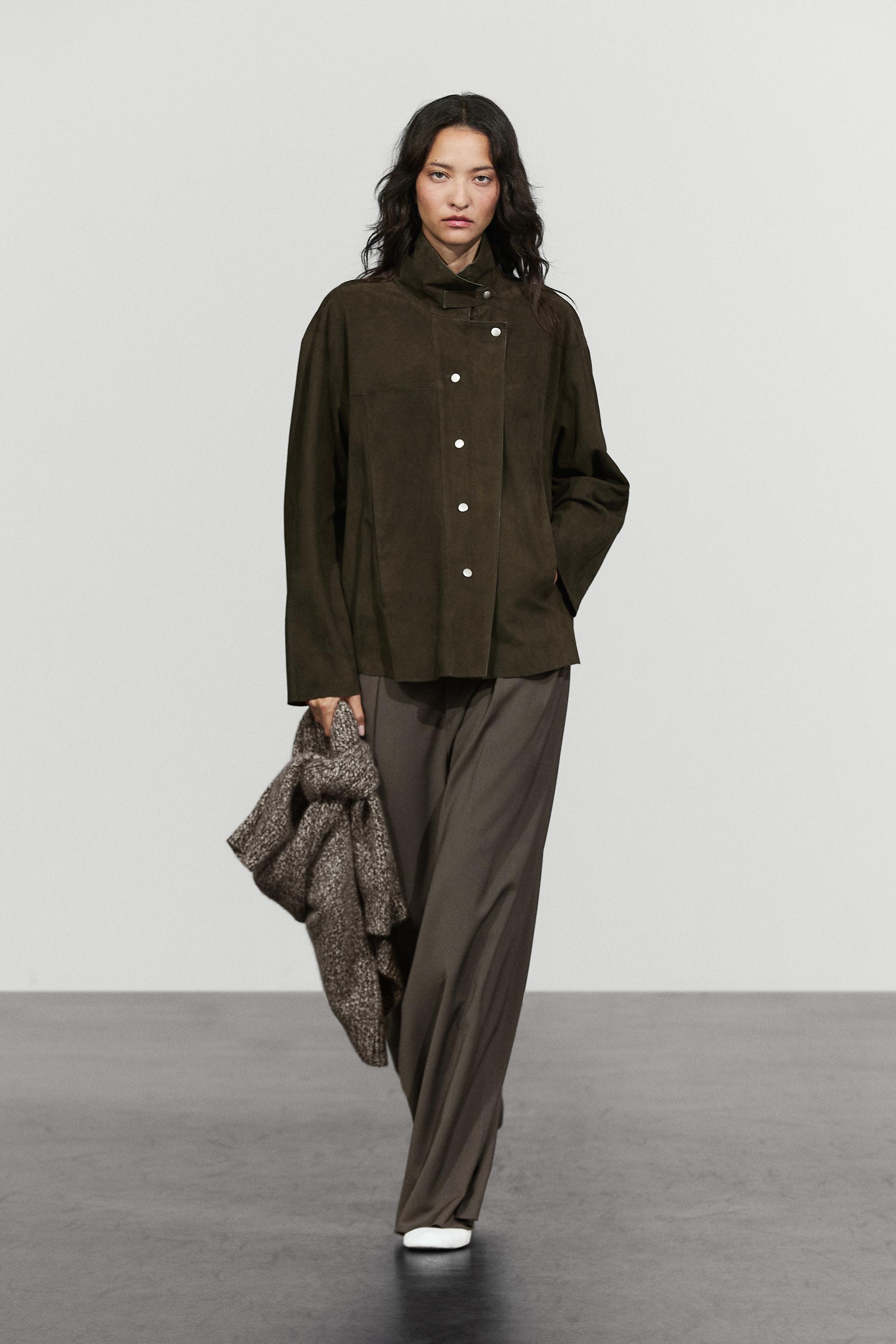 Veste col montant en cuir et daim