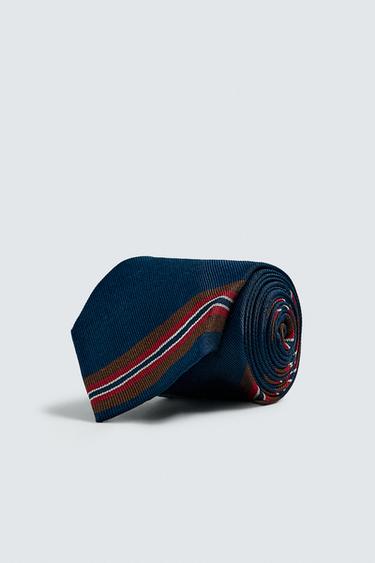 100% SILK STRIPED TIE - Brown-Blue by Zara