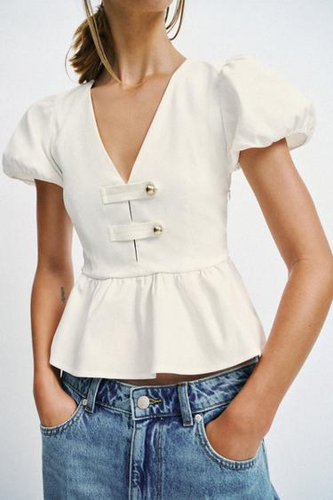 PEPLUM TOP WITH GOLD BUTTONS - Oyster-white by Zara