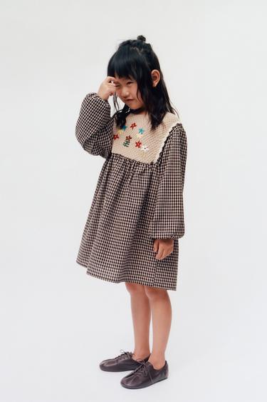 CHECKERED KNIT-DETAIL DRESS — Brown 1
