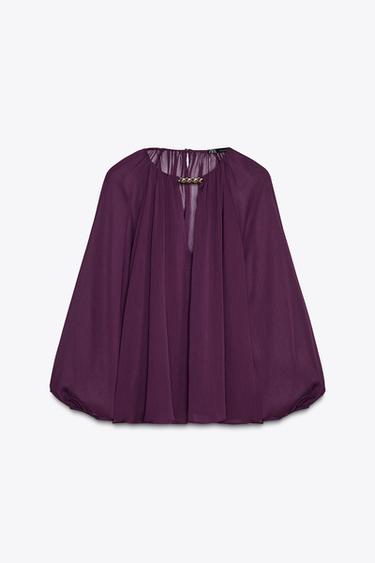 SEMI-SHEER BLOUSE WITH TRIM - Dark aubergine by Zara - Image 5