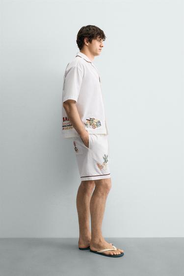 RELAXED FIT BERMUDA SHORTS WITH CONTRAST EMBROIDERY - Ecru by Zara