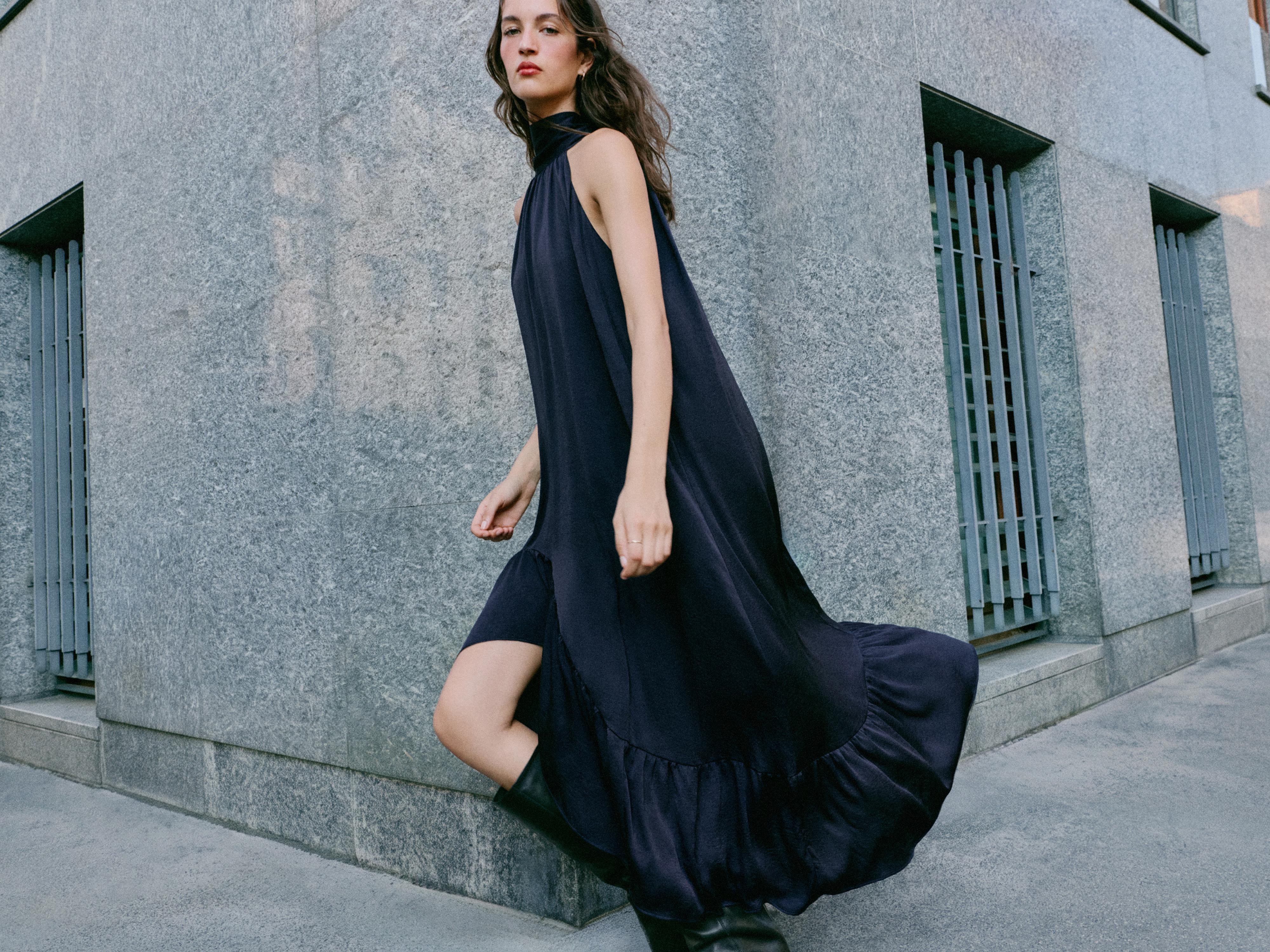 RUFFLED HEM HALTER midi dress