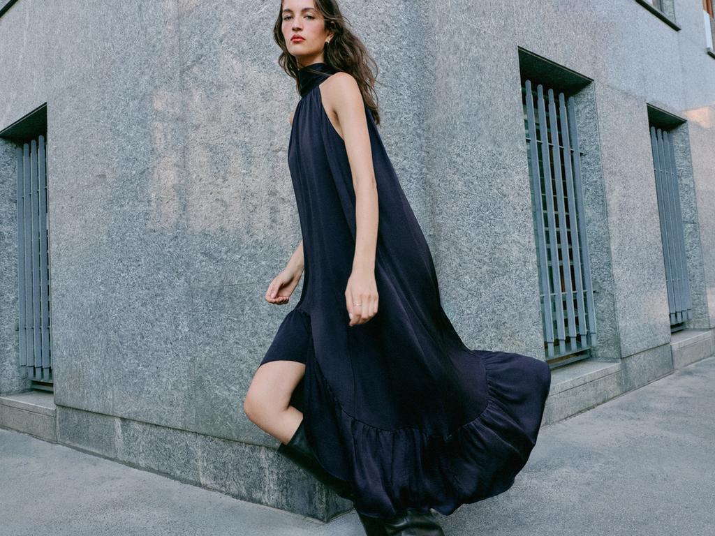 RUFFLED HEM HALTER midi dress
