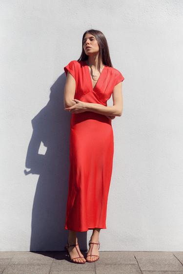 ROBE MI-LONGUE SATINÉE - Corail de Zara - Image 3