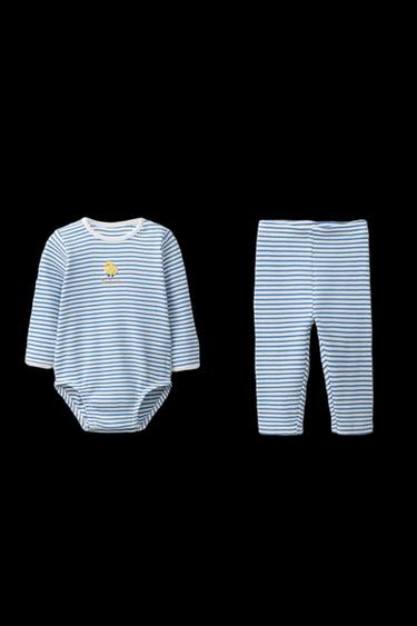 STRIPED BODYSUIT AND LEGGINGS SET WITH EMBROIDERED CHICK - Navy blue by Zara