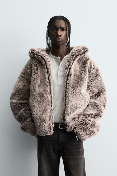 BLOUSON EFFET FOURRURE À CAPUCHE - Marron / Taupe de Zara