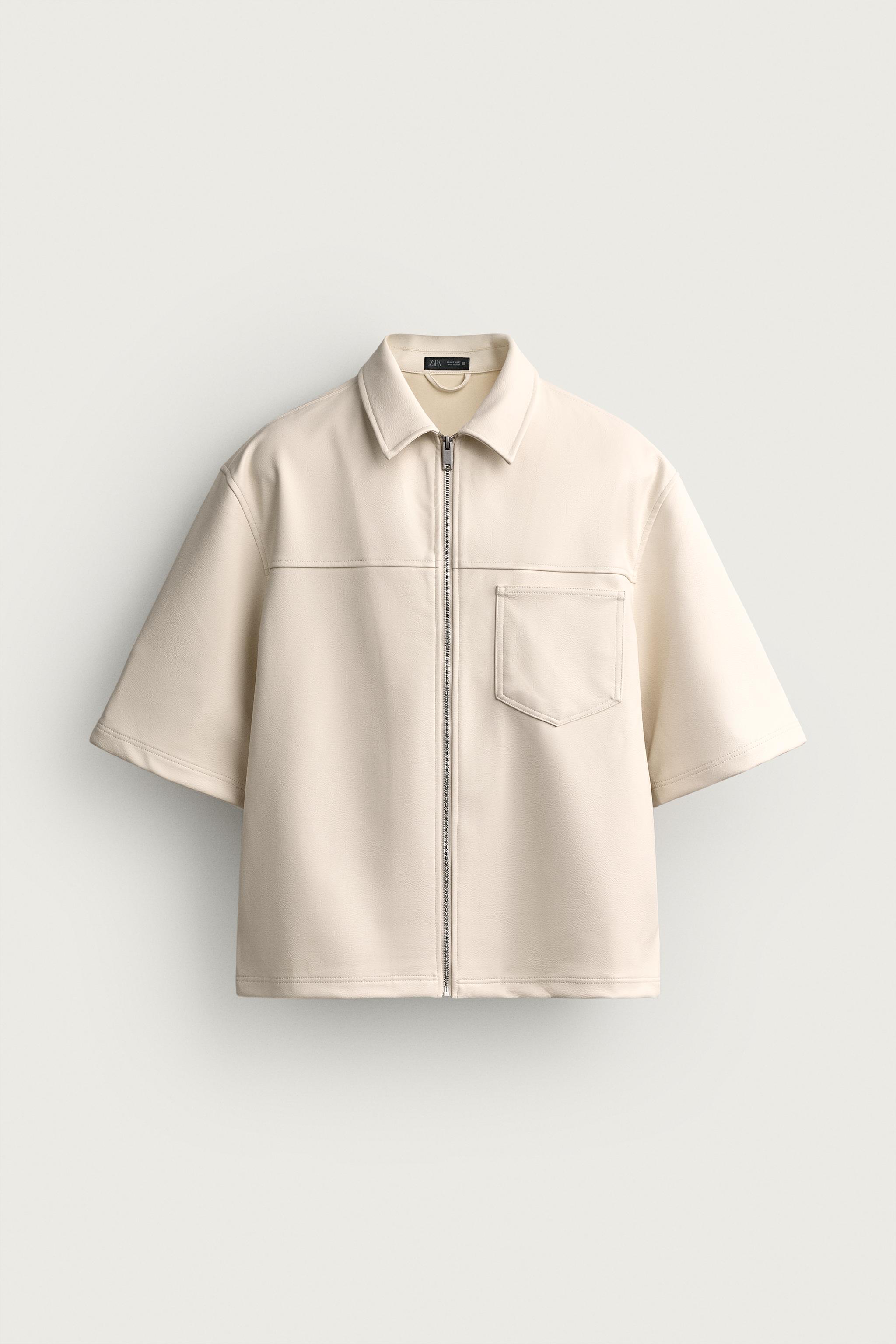 FAUX LEATHER RELAXED FIT OVERSHIRT — Oyster-white