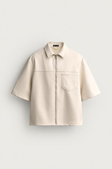 Zara FAUX LEATHER RELAXED FIT OVERSHIRT - Oyster-white