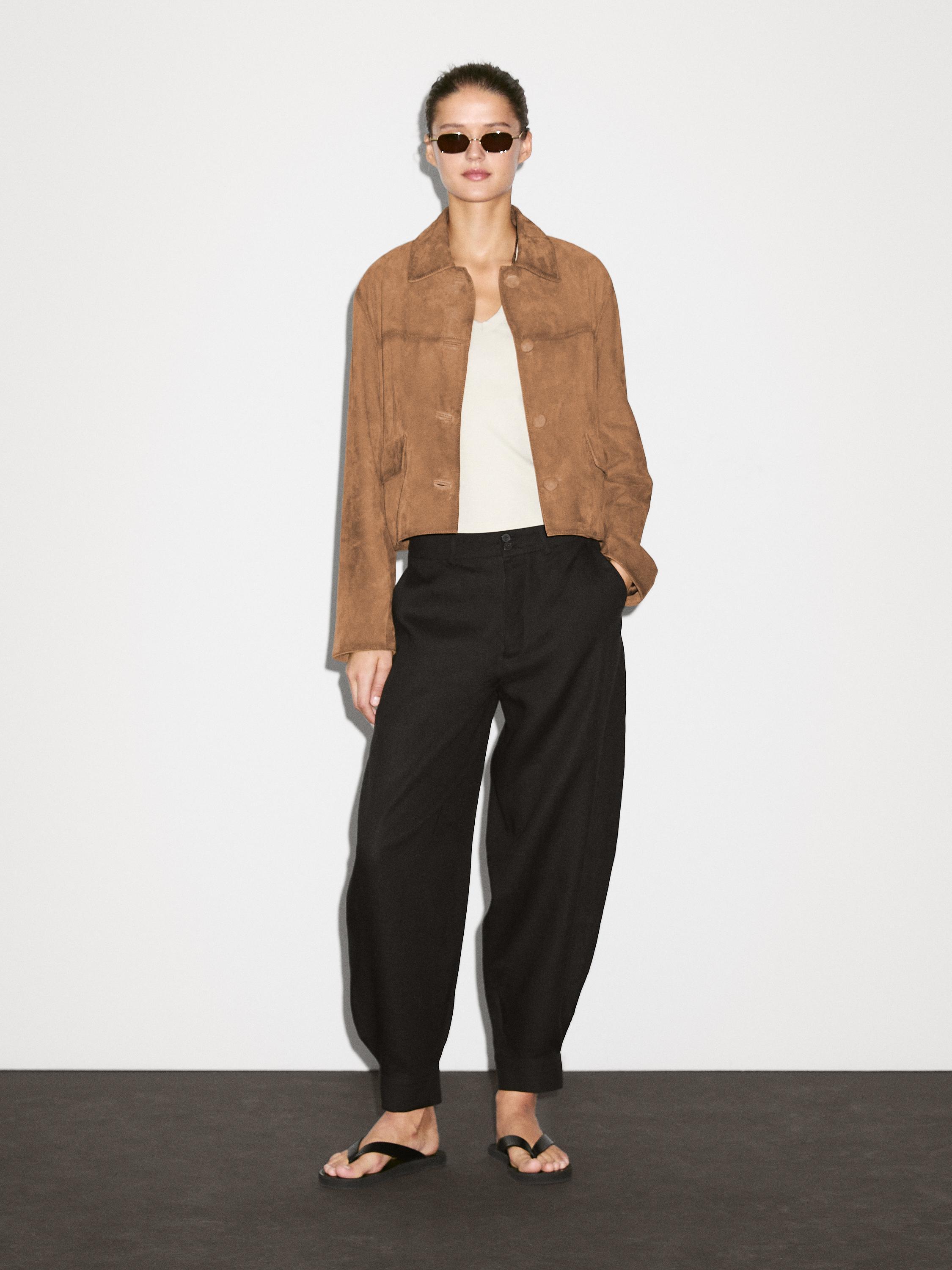 Suede leather jacket with lined buttons