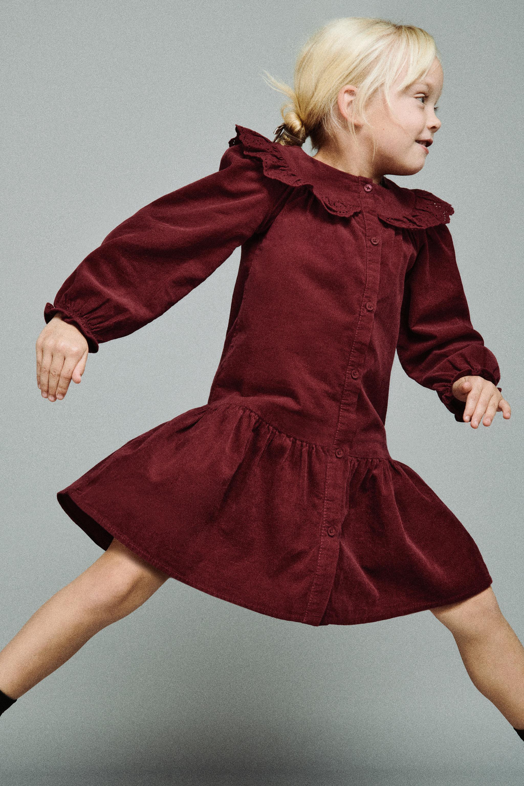 FINE-WALED CORDUROY SCHIFFLY RUFFLE DRESS