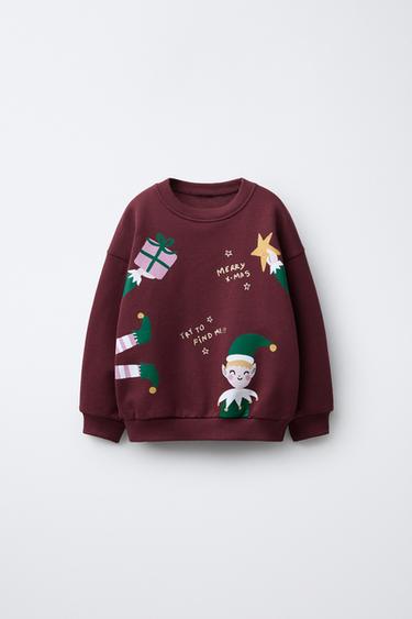 Zara PRINTED ELVES SWEATSHIRT - Maroon - Image 0