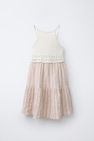 Zara TEXTURED CROCHET KNIT DRESS - Ecru