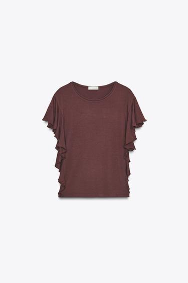 T-SHIRT WITH RUFFLE SLEEVES - Brown by Zara - Image 4