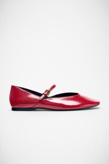 PATENT-EFFECT STRAPPY BALLET FLATS - Red by Zara