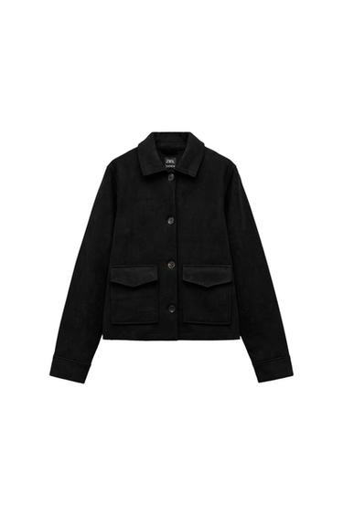 Front view of a black jacket with front flap pockets and buttons.