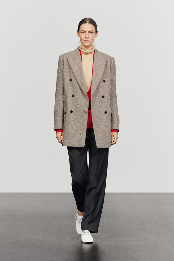 Zara Mid-length double-breasted herringbone coat - Sand - Image 0