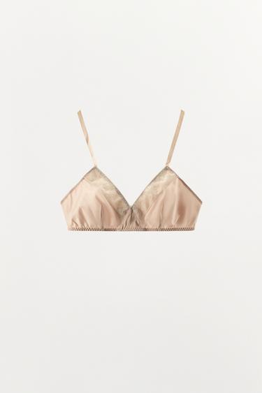 SATIN TRIANGLE BRALETTE WITH LACE TRIM - Pink by Zara