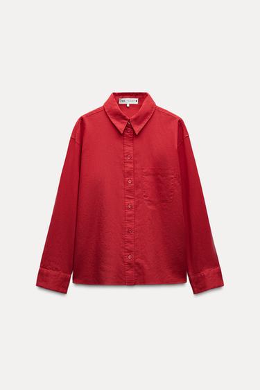 Zara LINEN BLEND SHIRT ZW COLLECTION - Dark red