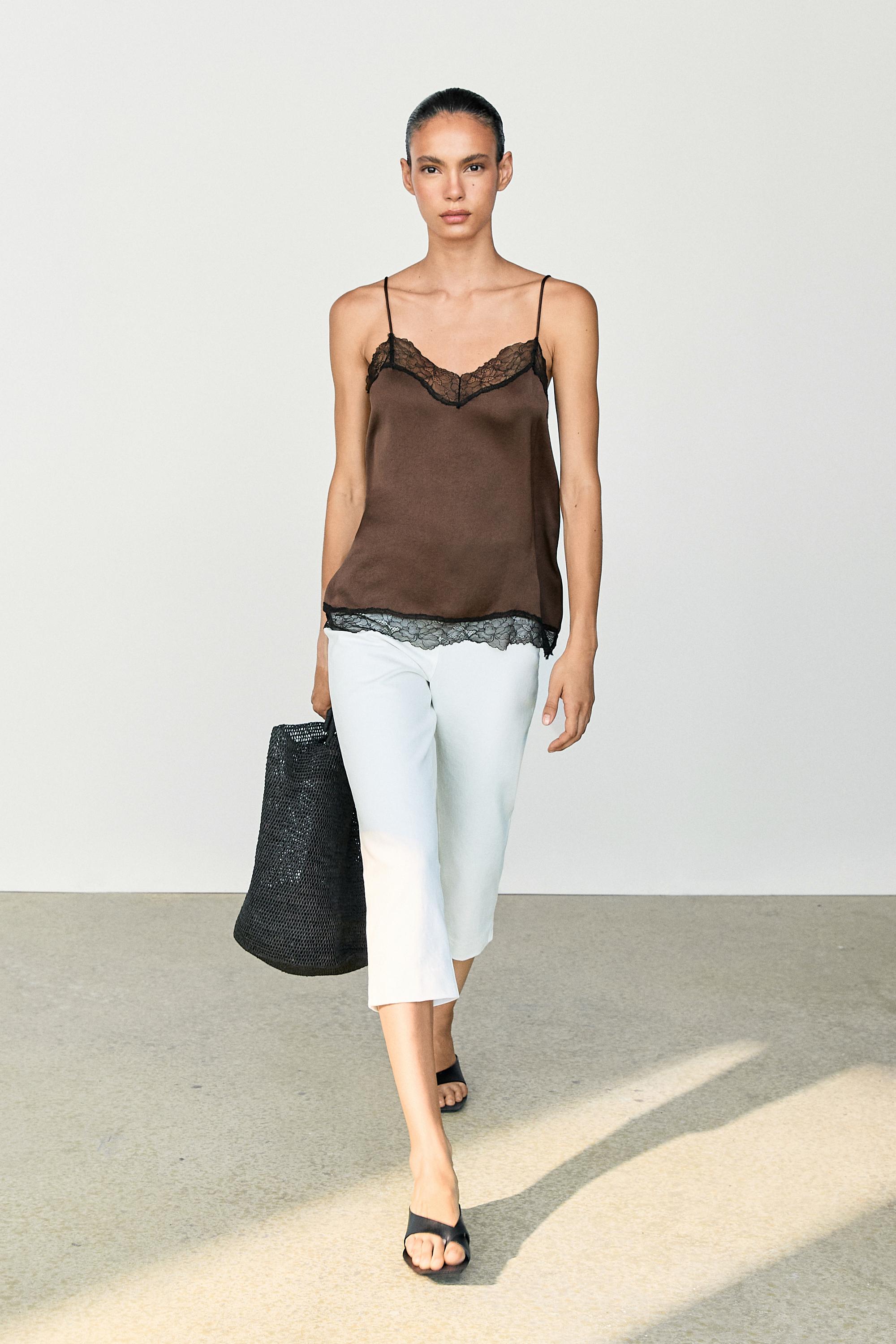 Contrast lace camisole top - Brown marl | ZARA United States