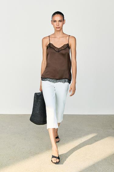 Zara Contrast lace camisole top - Brown marl - Image 0