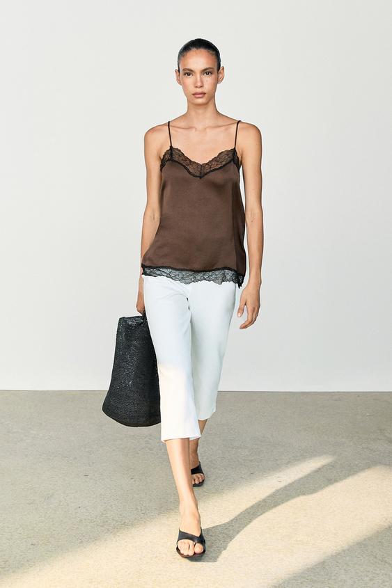Top nuisette détail dentelle contrastante - Marron chiné de Zara - Image 0