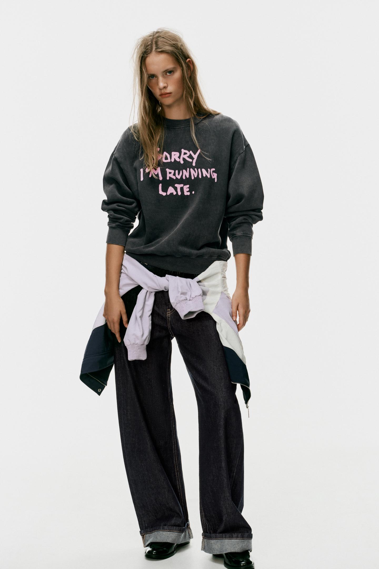 Женская толстовка Zara Washed Effect Text, цвет: Чёрный