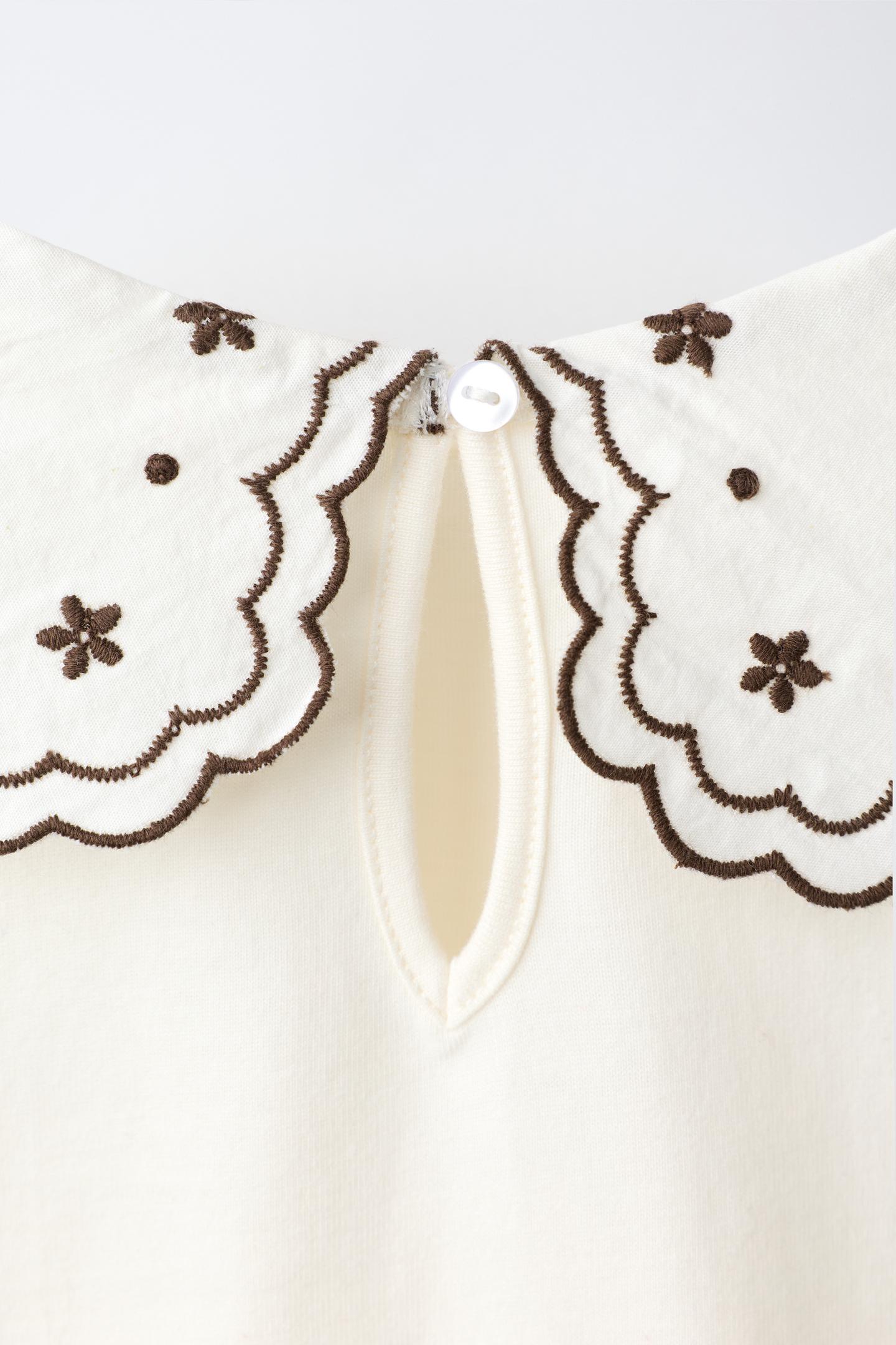 Детская футболка Zara Floral Embroidered Peter Pan Collar, цвет: Экрю белый — фото 4