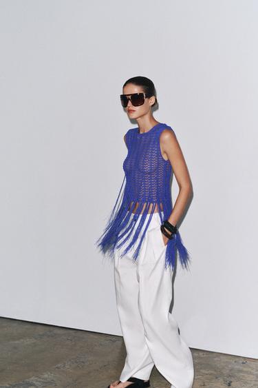 TOP EN MAILLE CROCHET FRANGES - Bleu de Zara - Image 3