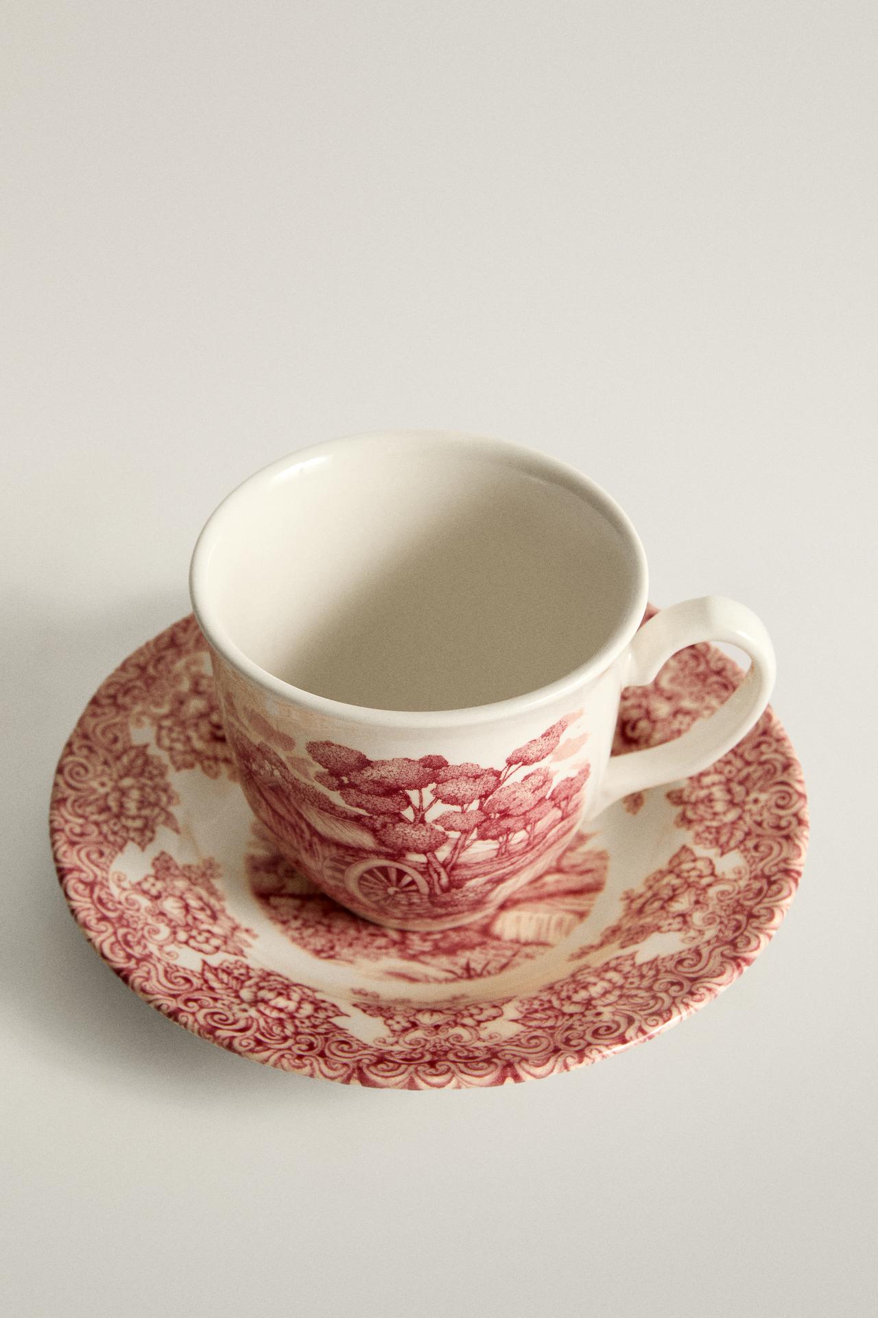 FLORAL AND LANDSCAPE EARTHENWARE COFFEE CUP AND SAUCER — Burgundy