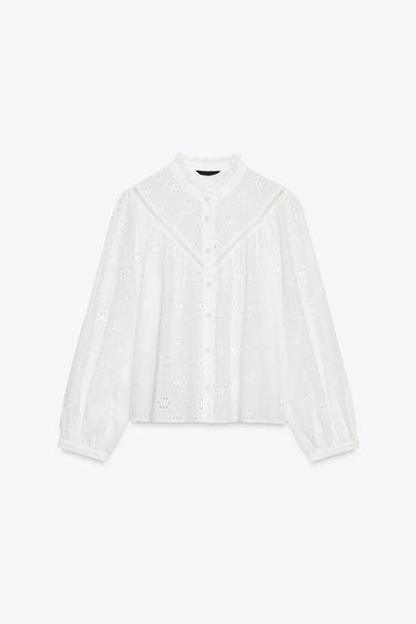 Zara EYELET EMBROIDERY SHIRT - White
