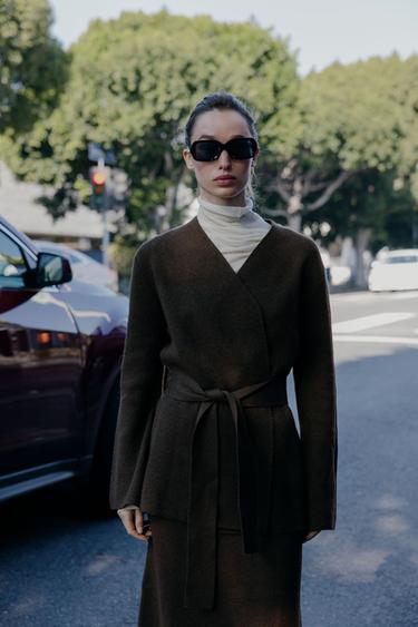 Zara BELTED KNIT CARDIGAN - Brown