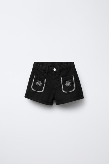 Zara 刺繡牛仔短褲 - 黑色