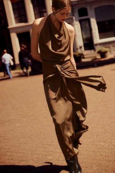 SATIN HALTER MIDI DRESS - Brown by Zara