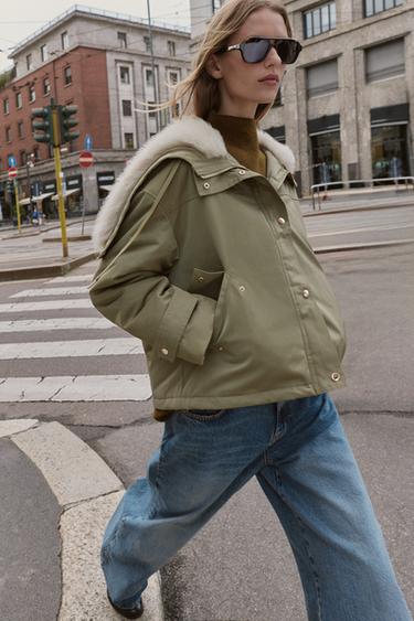 Zara FAUX FUR HOODED SHORT PARKA - Khaki - Image 0