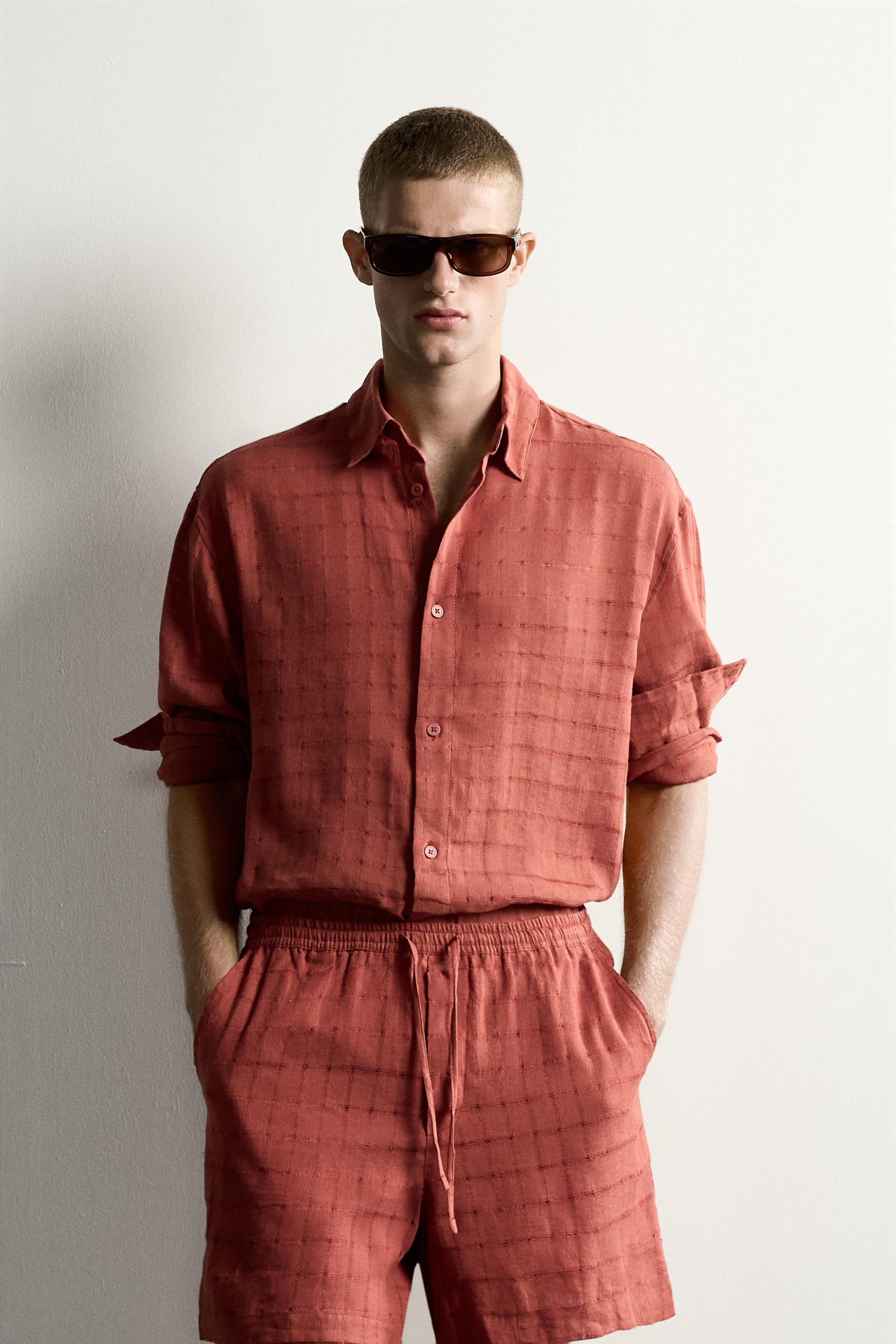 RELAXED FIT CHECKED LINEN COTTON JACQUARD SHIRT — Brick (alternate view)