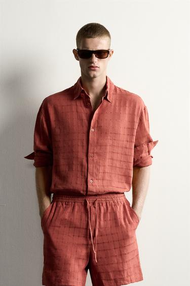 РУБАШКА RELAXED FIT ИЗ ЖАККАРДА В КЛЕТКУ (ЛЕН И ХЛОПОК) — ЧЕРЕПИЧНЫЙ от Zara