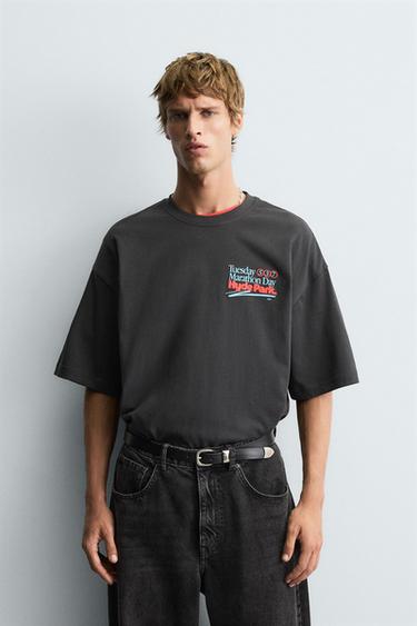 Zara WASHED NUMBER T-SHIRT - Black