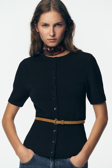 SHORT SLEEVE BELTED CARDIGAN - Navy blue by Zara - Image 1