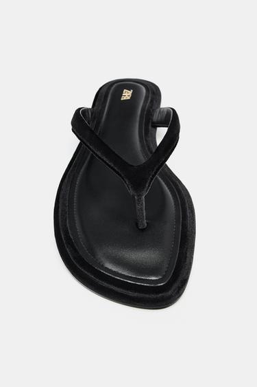 VELVET-EFFECT FLAT SANDALS - Black by Zara - Image 4