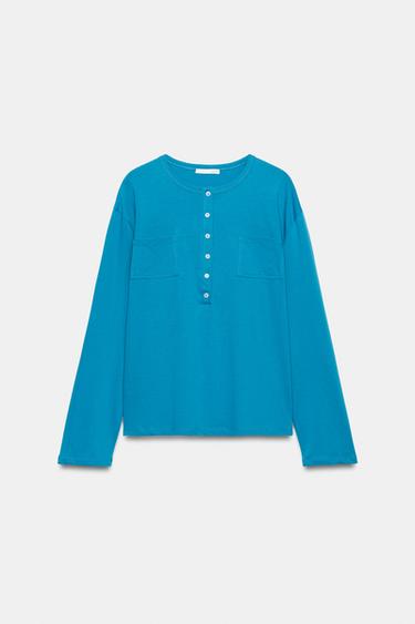 Zara HENLEY T-SHIRT WITH POCKETS - Mid-turquoise