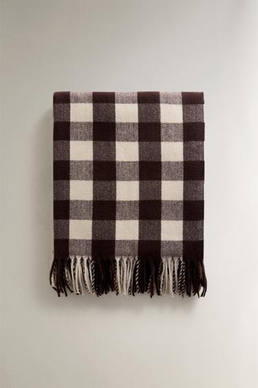 CHECK AND FRINGE BLANKET - Brown by Zara